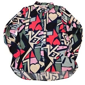 Vtg Big Dart Abstract Blouse Women's Sz 8 Pink‎ Green Funky Long Sleeve Hearts